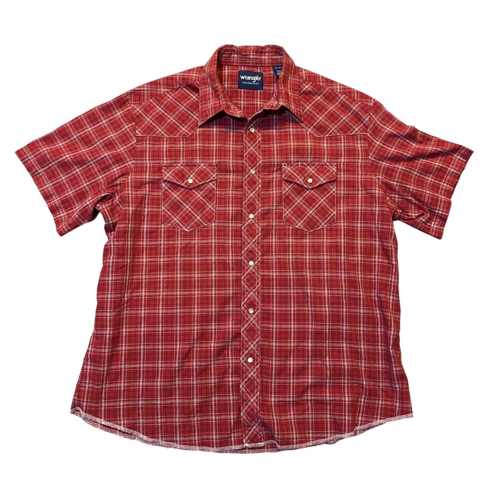 Wrangler Mens Red Plaid Pearl Snap Western Shirt Short Sleeve XL‎ Cowpoke Style